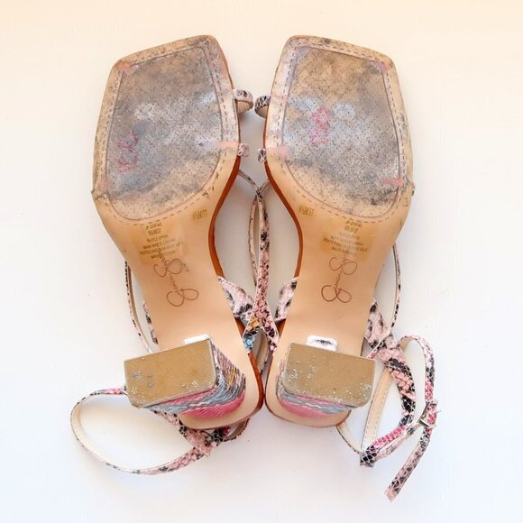 Jessica Simpson Snakeskin Toe Loop Square Toe Ankle Strap Block Heel Sandals - Picture 8 of 16